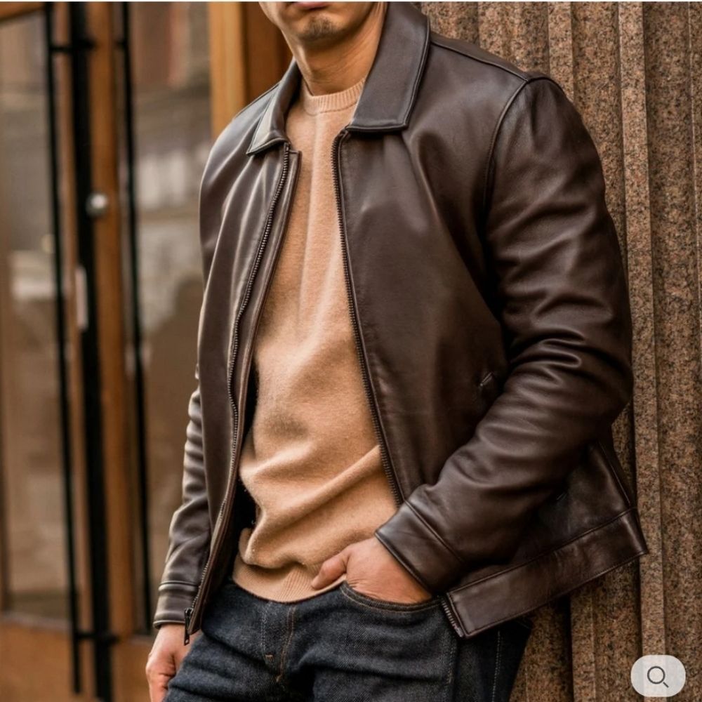 Roundtree And Yorke Men's Brown Lambs Leather Bomber Jacket